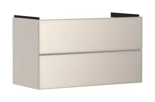 Waschtischunterschrank mit zwei Schubkästen in sandbeige Matt von Hansgrohe, ohne sichtbare Montageelemente, minimalistisches Design.